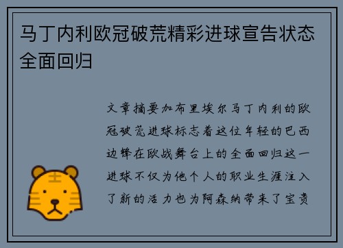 马丁内利欧冠破荒精彩进球宣告状态全面回归